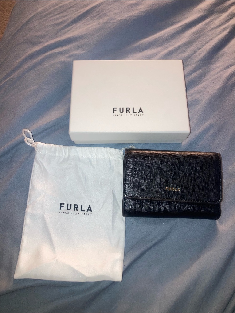 Furla Black Saffiano Leather Zip Card Wallet with Gold Hardware